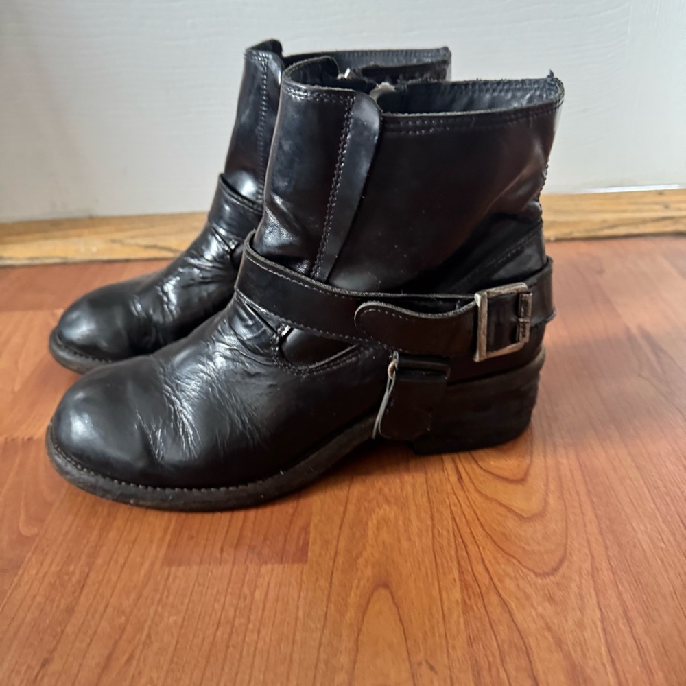 Vintage Western Moto Black Real Leather Women’s Ankle Boots with Straps (US 8)